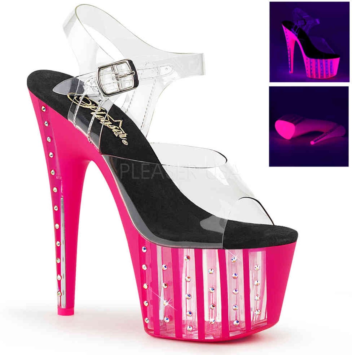 EU 35 = US 5 | ADORE-708VLRS | 7 Heel, 2 3/4 UV Reactive RS Lined PF Ankle Strap Sandal